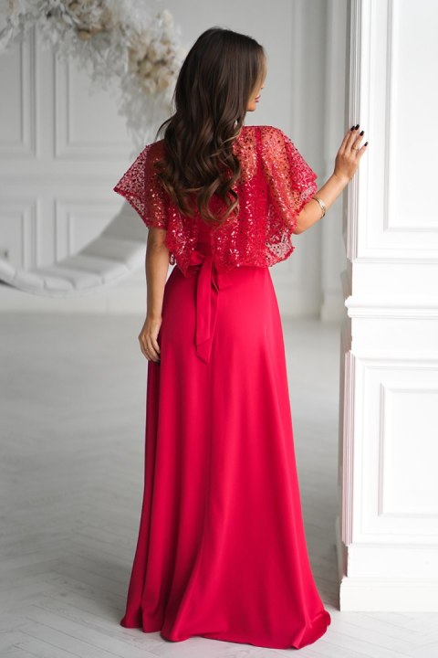 Elegancka Czerwona Sukienka Na Ramiączkach Z Cekinowym Bolerkiem 333-02 - czerwony