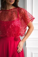 Elegancka Czerwona Sukienka Na Ramiączkach Z Cekinowym Bolerkiem 333-02 - czerwony