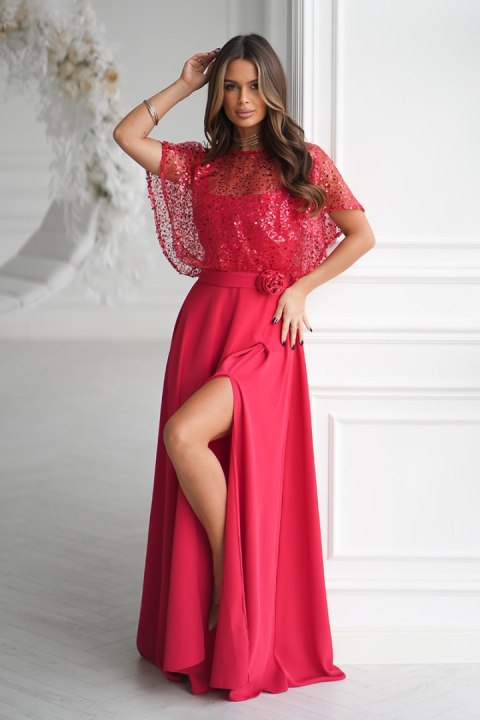 Elegancka Czerwona Sukienka Na Ramiączkach Z Cekinowym Bolerkiem 333-02 - czerwony