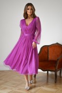 Purpurowa Sukienka Midi Z Brokatową Siatką 269-51-01 - fioletowy