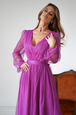 Purpurowa Sukienka Midi Z Brokatową Siatką 269-51-01 - fioletowy