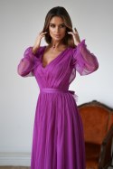 Purpurowa Sukienka Midi Z Brokatową Siatką 269-51-01 - fioletowy