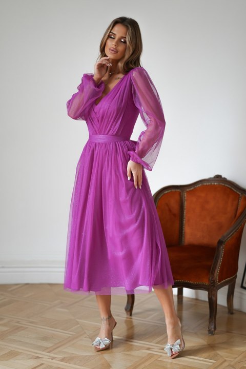 Purpurowa Sukienka Midi Z Brokatową Siatką 269-51-01 - fioletowy
