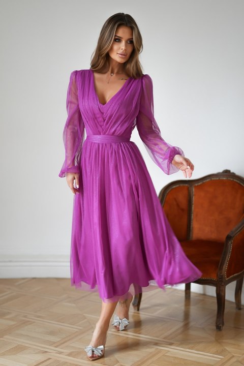 Purpurowa Sukienka Midi Z Brokatową Siatką 269-51-01 - fioletowy