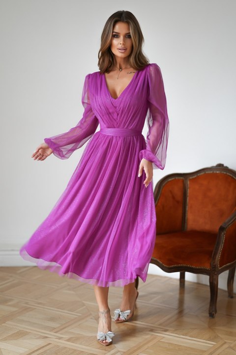 Purpurowa Sukienka Midi Z Brokatową Siatką 269-51-01 - fioletowy