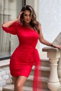 Czerwona Sukienka Kotajlowa Z Tiulowym Trenem 274-02 - czerwony