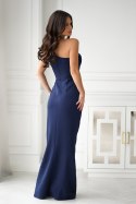 Elegancka Granatowa Sukienka Z Cekinowym Dekoltem 321-01 - Granatowy