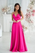 Elegancka Sukienka Satynowa Z Rozcięciem Na Nodze W Kolorze Fuksji 282-07 - fuksja