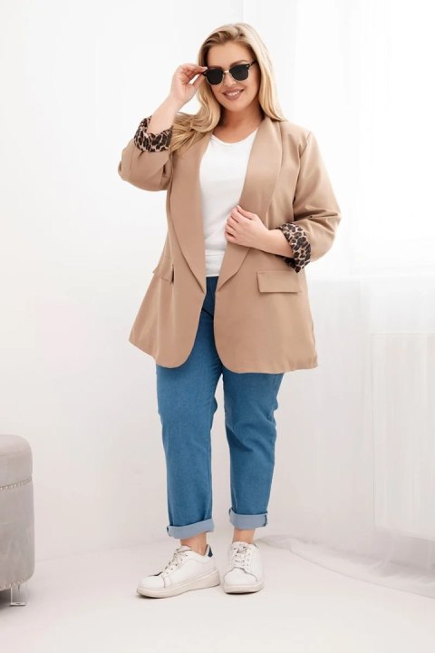 Marynarka damska Plus Size z podszewką w panterkę camelowa