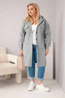 Płaszcz damski Plus Size z kapturem zapinany na guziki szary