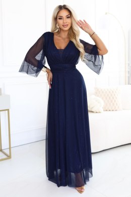 654-7 Długa połyskująca sukienka plus size z dekoltem i transparentnym rękawkiem - granatowa Numoco basic