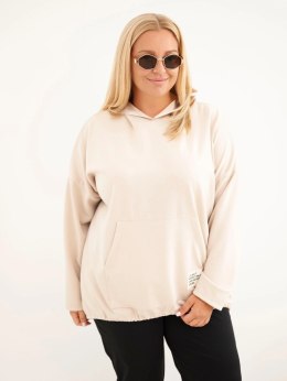 Bluza damska Plus Size wiskozowa z kapturem i kieszenią kangurką beżowa