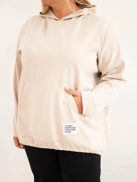 Bluza damska Plus Size wiskozowa z kapturem i kieszenią kangurką beżowa
