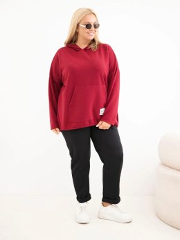 Bluza damska Plus Size wiskozowa z kapturem i kieszenią kangurką bordowa
