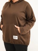 Bluza damska Plus Size wiskozowa z kapturem i kieszenią kangurką brązowa