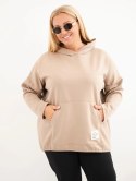 Bluza damska Plus Size wiskozowa z kapturem i kieszenią kangurką camelowa