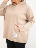 Bluza damska Plus Size wiskozowa z kapturem i kieszenią kangurką camelowa