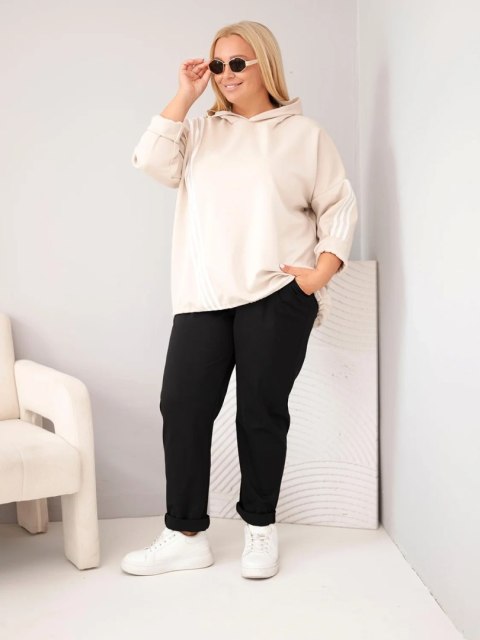 Bluza damska Plus Size wiskozowa z kapturem i ozdobnymi paskami beżowa