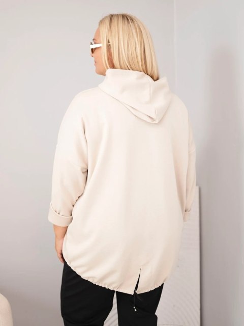 Bluza damska Plus Size wiskozowa z kapturem i ozdobnymi paskami beżowa