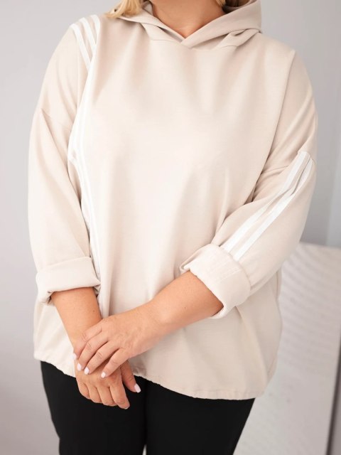 Bluza damska Plus Size wiskozowa z kapturem i ozdobnymi paskami beżowa