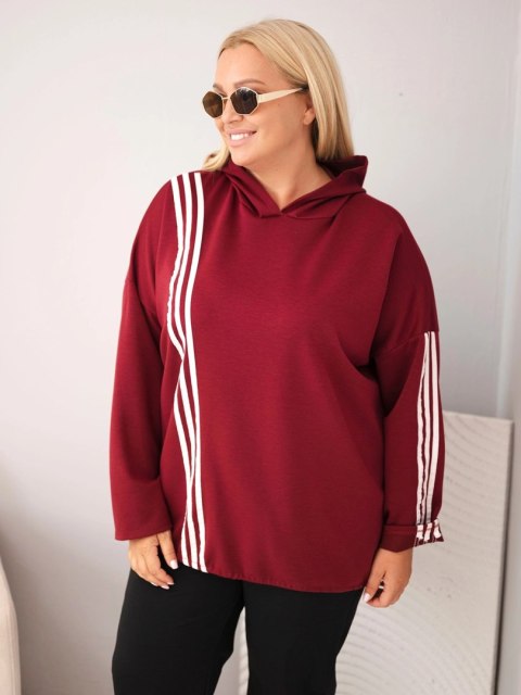 Bluza damska Plus Size wiskozowa z kapturem i ozdobnymi paskami bordowa