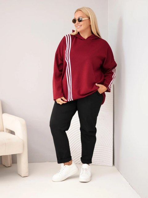 Bluza damska Plus Size wiskozowa z kapturem i ozdobnymi paskami bordowa