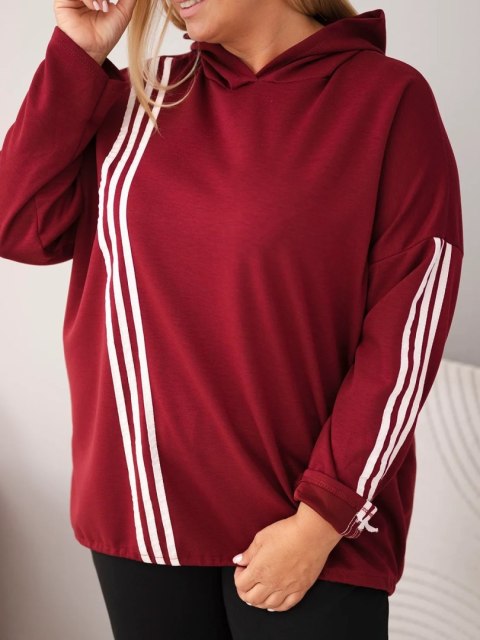 Bluza damska Plus Size wiskozowa z kapturem i ozdobnymi paskami bordowa
