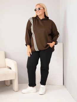Bluza damska Plus Size wiskozowa z kapturem i ozdobnymi paskami brązowa
