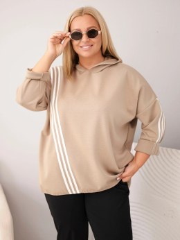 Bluza damska Plus Size wiskozowa z kapturem i ozdobnymi paskami camelowa