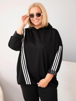 Bluza damska Plus Size wiskozowa z kapturem i ozdobnymi paskami czarna