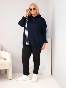 Bluza damska Plus Size wiskozowa z kapturem i ozdobnymi paskami granatowa