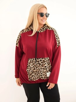 Bluza damska Plus Size wiskozowa z kapturem i wstawkami w panterkę bordowa