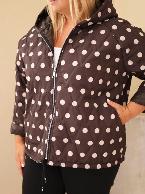 Kurtka damska Plus Size w grochy z kapturem brązowa