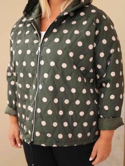 Kurtka damska Plus Size w grochy z kapturem khaki