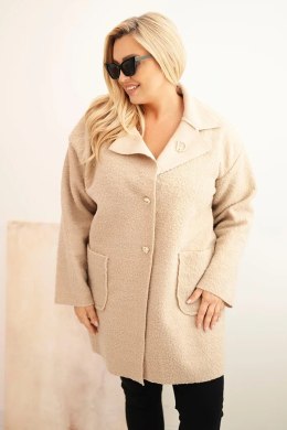 Płaszcz damski Plus Size baranek z wełną i kieszeniami beżowy