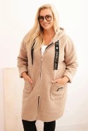 Płaszcz damski Plus Size ze sztucznego baranka z kapturem i kieszeniami camelowy
