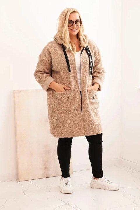 Płaszcz damski Plus Size ze sztucznego baranka z kapturem i kieszeniami camelowy