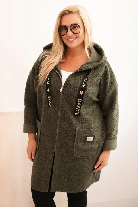 Płaszcz damski Plus Size ze sztucznego baranka z kapturem i kieszeniami khaki