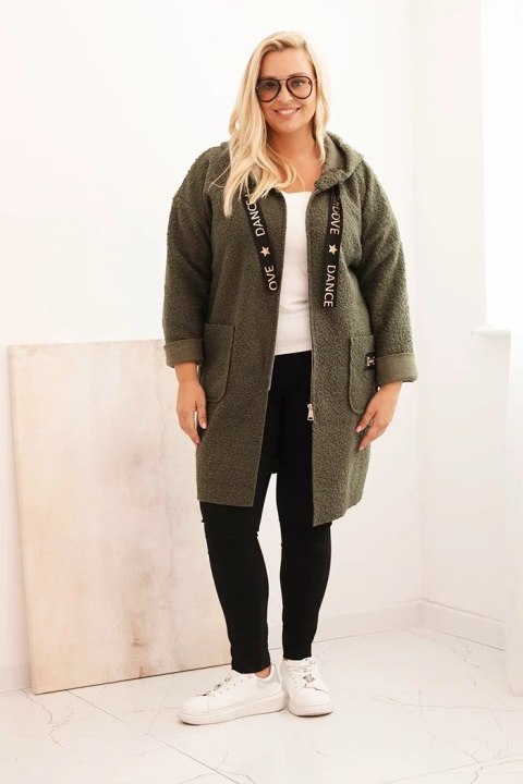 Płaszcz damski Plus Size ze sztucznego baranka z kapturem i kieszeniami khaki