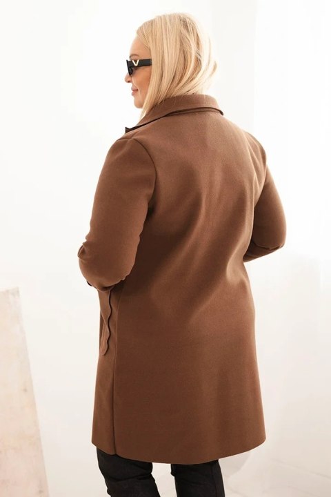 Płaszcz damski elegancki Plus Size z kołnierzem i dużymi kieszeniami czekoladowy