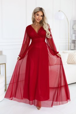 684-1 NERISSA elegancka tiulowa sukienka maxi z kopertowym dekoltem - jasne bordo Numoco basic
