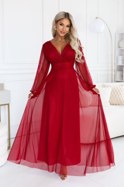 684-1 NERISSA elegancka tiulowa sukienka maxi z kopertowym dekoltem - jasne bordo Numoco basic