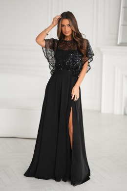 Elegancka Czarna Sukienka Na Ramiączkach Z Cekinowym Bolerkiem 333-06 - czarny