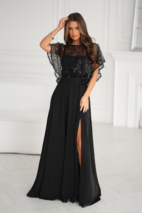 Elegancka Czarna Sukienka Na Ramiączkach Z Cekinowym Bolerkiem 333-06 - czarny