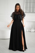 Elegancka Czarna Sukienka Na Ramiączkach Z Cekinowym Bolerkiem 333-06 - czarny