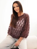 Sweter damski w 70% z kid moheru ażurowy z krótkim rękawem brązowy
