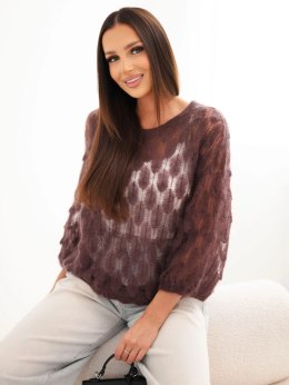 Sweter damski w 70% z kid moheru ażurowy z krótkim rękawem brązowy