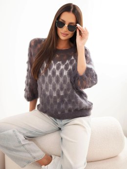Sweter damski w 70% z kid moheru ażurowy z krótkim rękawem grafitowy