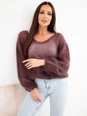 Sweter damski w 70% z kid moheru z dekoltem V o luźnym fasonie brązowy