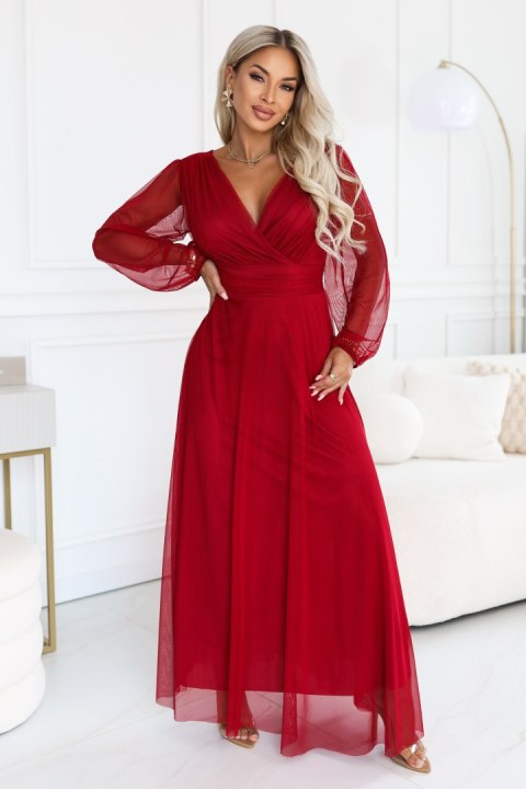 684-1 NERISSA elegancka tiulowa sukienka maxi z kopertowym dekoltem - jasne bordo Numoco basic